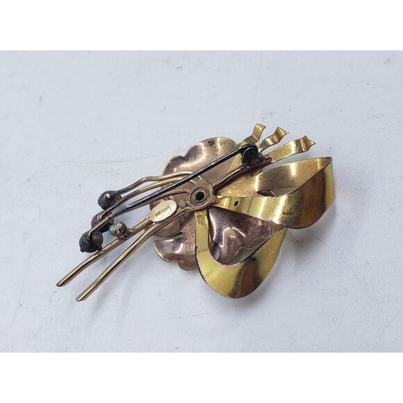 Vintage 1/20 12K Gold Filled Floral Brooch 3D Blue Rhinestones Two Harry Iskin - Picture 6 of 10